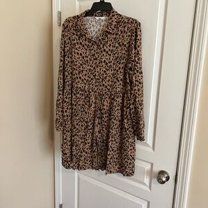 Time and Tru Brown Leopard Print Button-Front Midi Dress